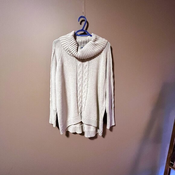 Creamy Tan RECYCLED COTTON Made in Canada Long Cowl cable knit GVUC Sz M-L - Picture 3 of 8